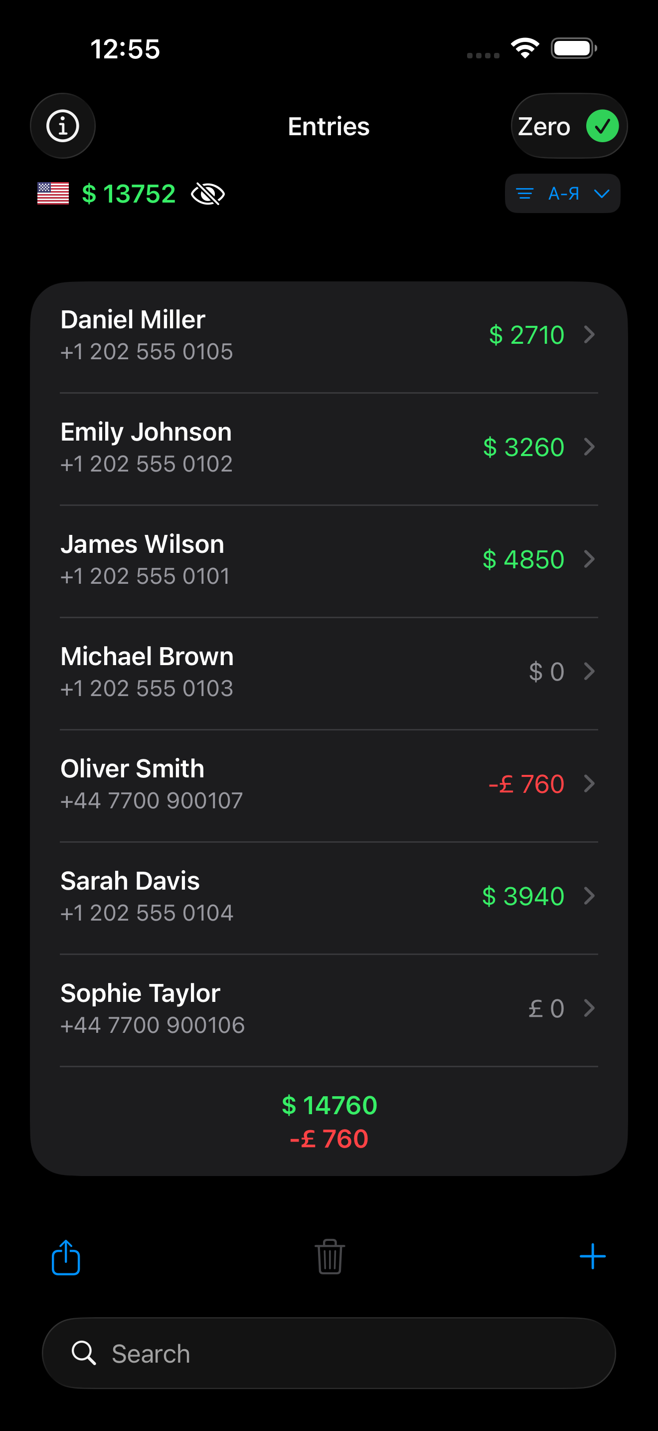 Client Ledger showing client balances on iPhone