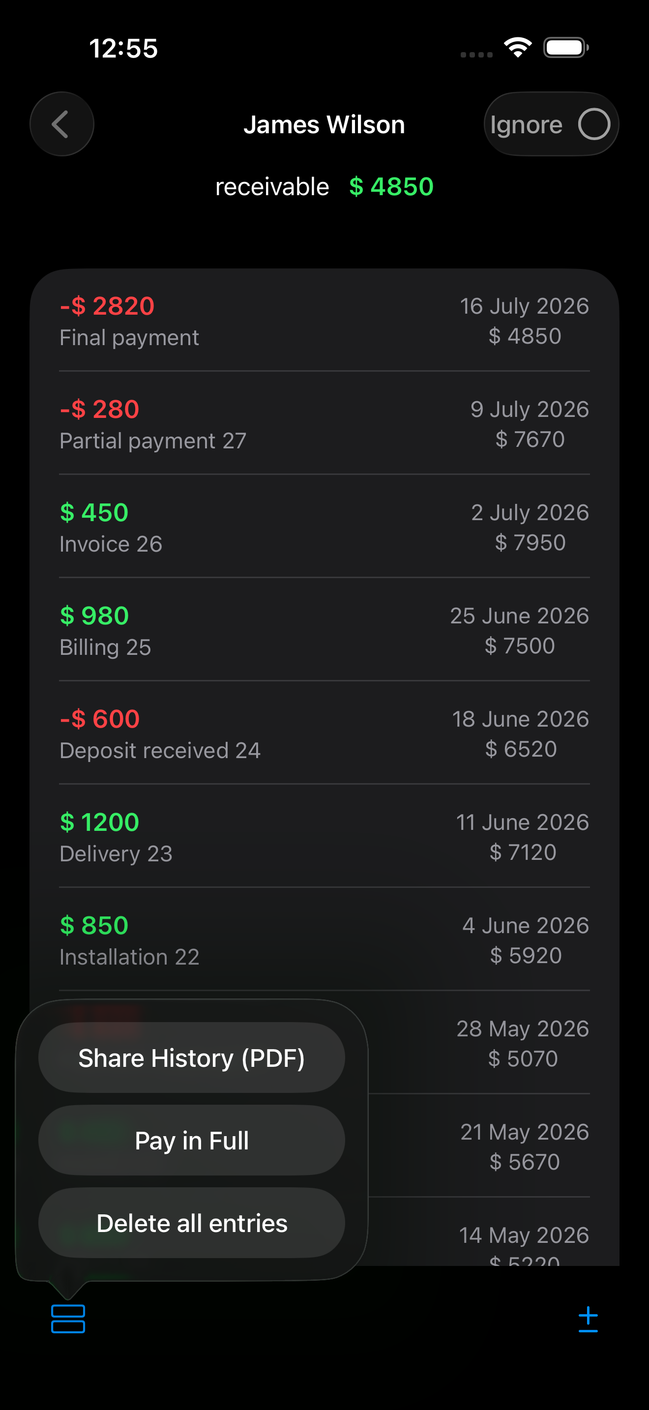 Client Ledger transaction history with client payments
